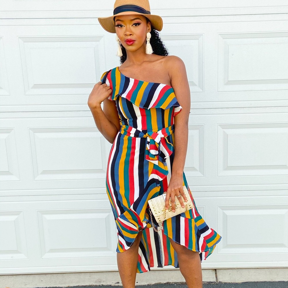 Colorful Asymmetrical Ruffle Midi Dress - Picture 3 of 6
